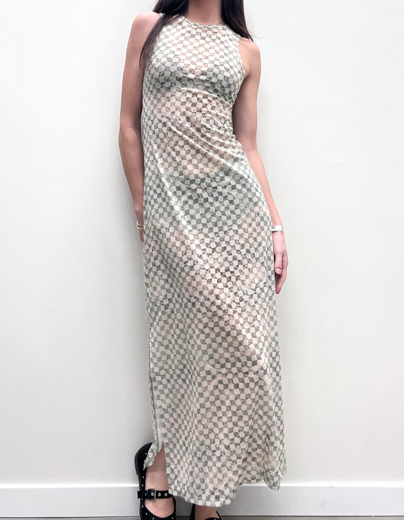 Glasshouse Sheer Maxi Dress in Sand Checker