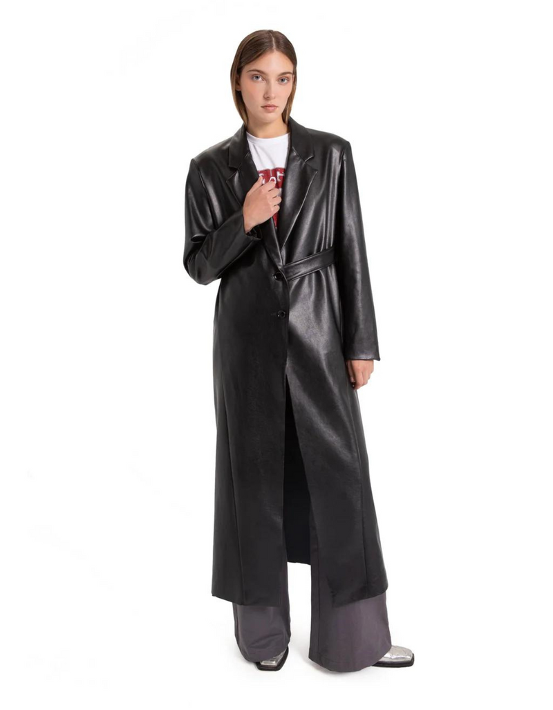 Neo Faux Leather Long Coat in Black