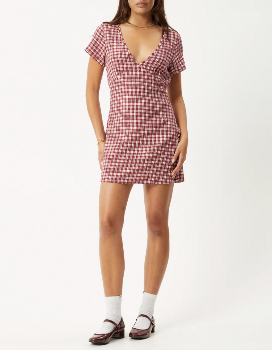 Base Seersucker Mini Dress in Burgundy Check