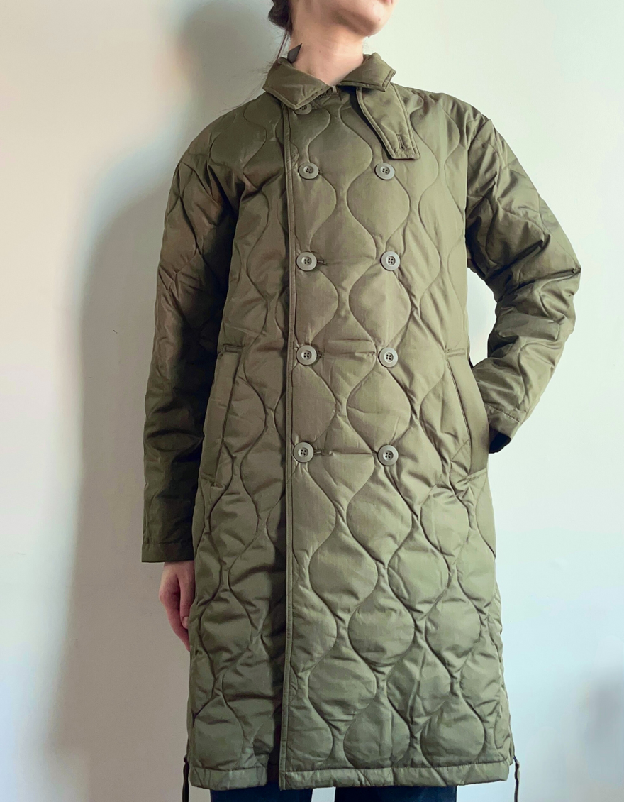 Military Double Breasted Long Down Coat in Dark Olive