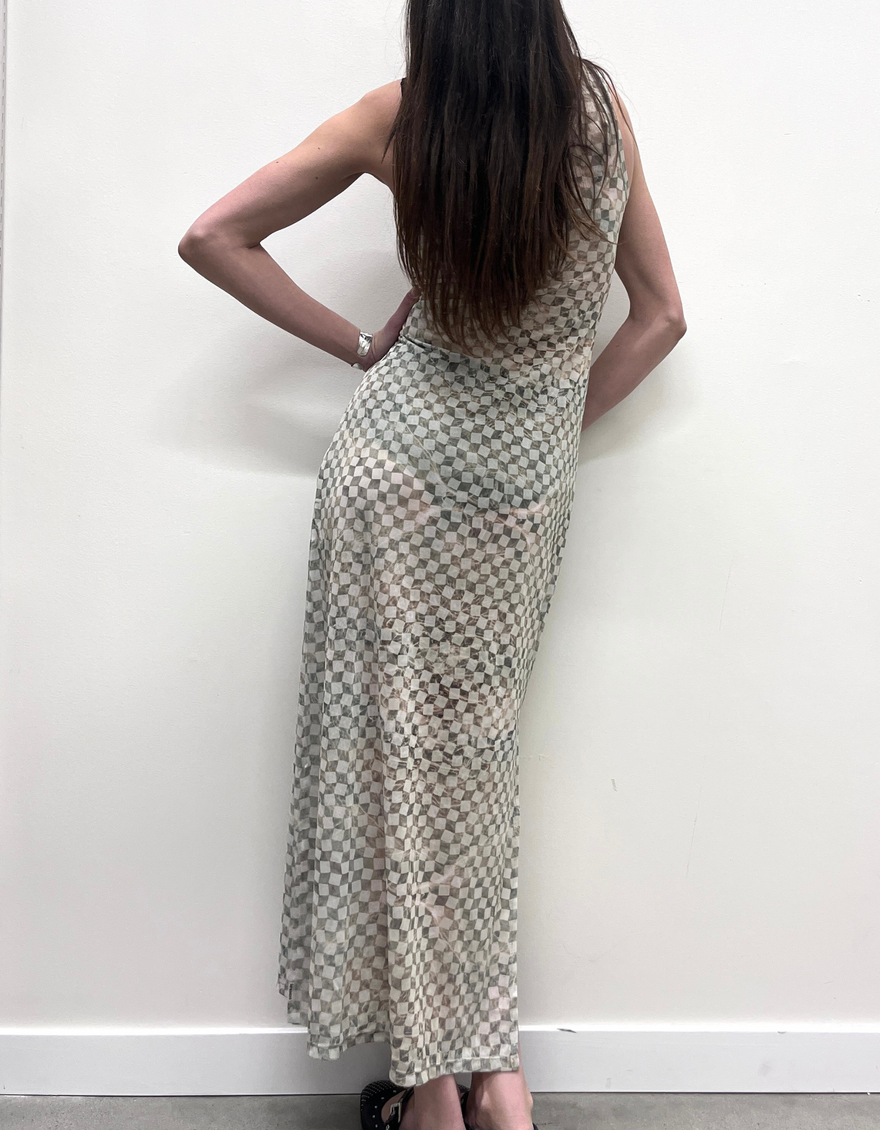 Glasshouse Sheer Maxi Dress in Sand Checker