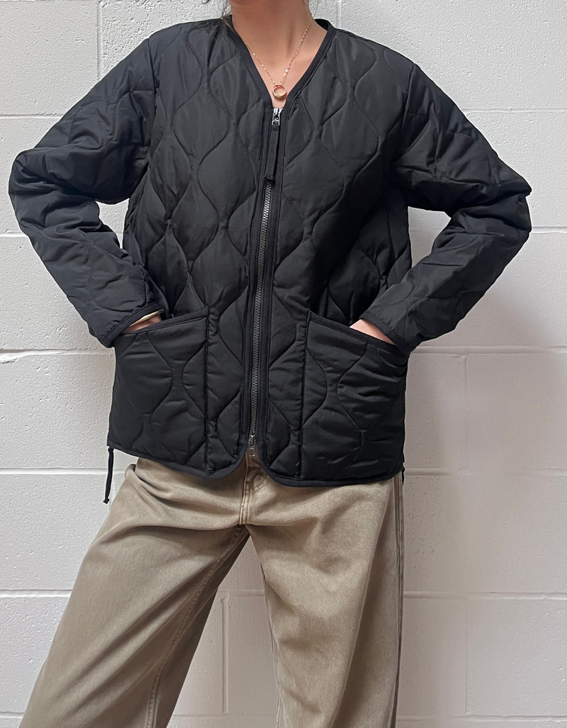 Military V-Neck Zip Down Jacket in Black