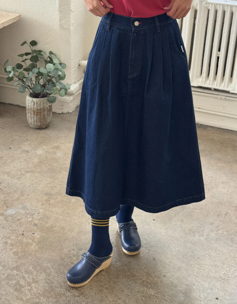 Long Farm Girl Skirt in Raw Denim