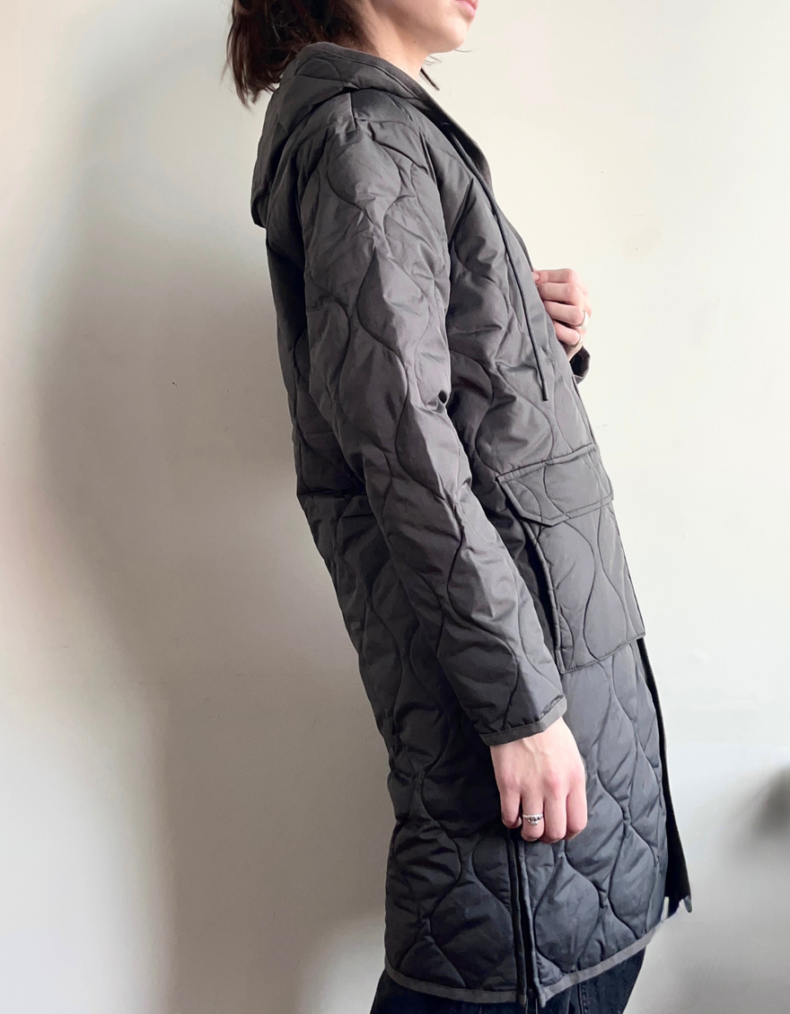 Military Hooded Long Down Coat in Charcoal