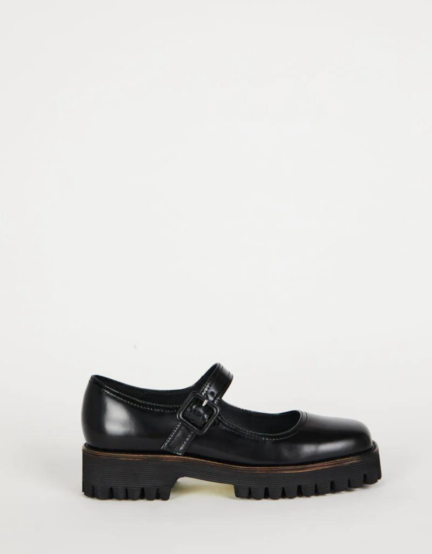 Veronica Box Leather Lug Sole Mary Jane in Black
